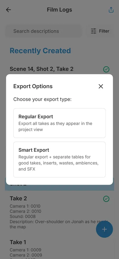 Export options: regular export or smart export