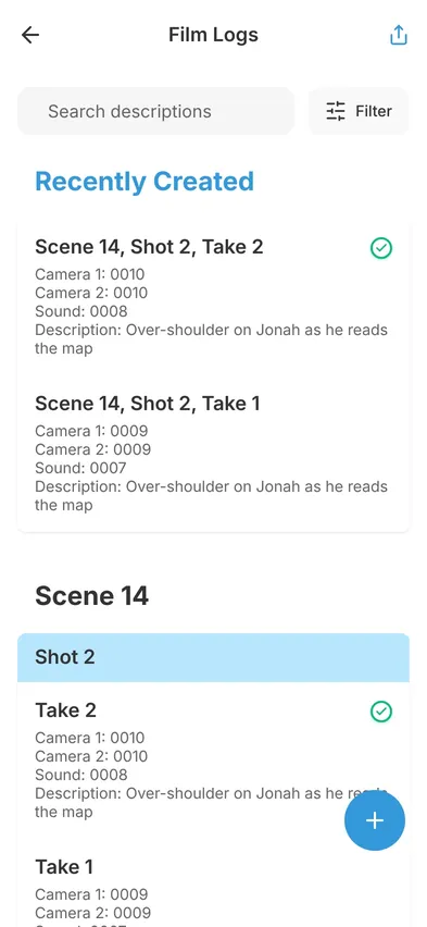Film logs grouped by scene and shot, with search