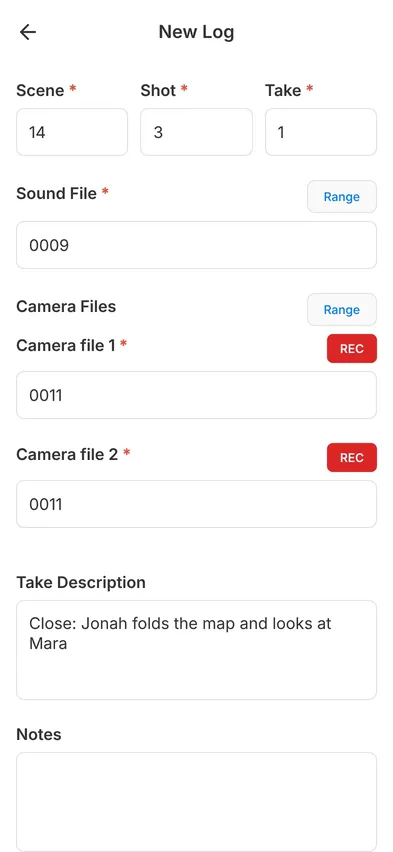 New log screen with scene, shot, take and file numbers filled in